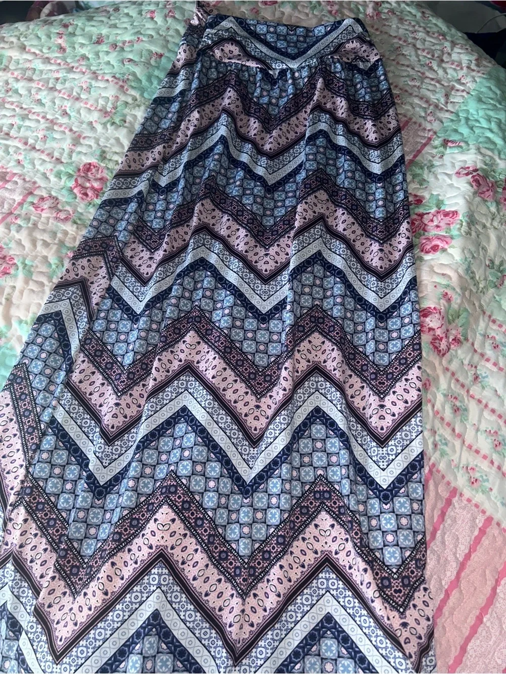 Boho Chevron Print Maxi Skirt - Blue/Purple/pink